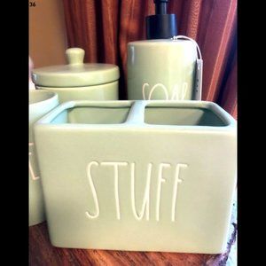 Rae Dunn "STUFF" bathroom storage light green container
